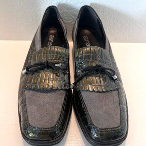 NWOT - Ara - Kiltie - Loafer Black & Green Gray Leather Alligator Print - Size 9